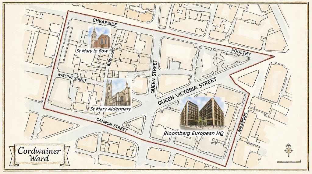 Map of Cordwainer Ward showing boundaries, key streets including Cheapside, Cannon Street and Queen Victoria Street, and landmarks including St Mary le Bow, St Mary Aldermary and Bloomberg European HQ